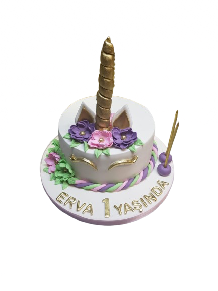 Çiçekli Unicorn Temalı 1 Yaş Butik Pasta